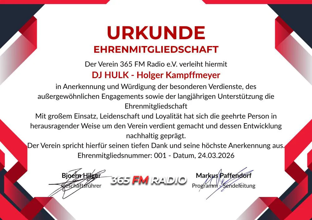 Ehrenurkunde 365 FM Radio